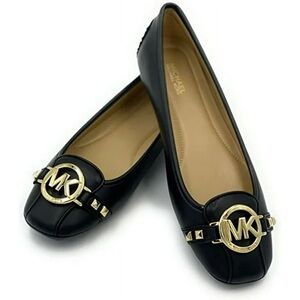 Michael Kors Fulton Ballet Flats Black Leather MK Logo Gold Hardware Size 8.5